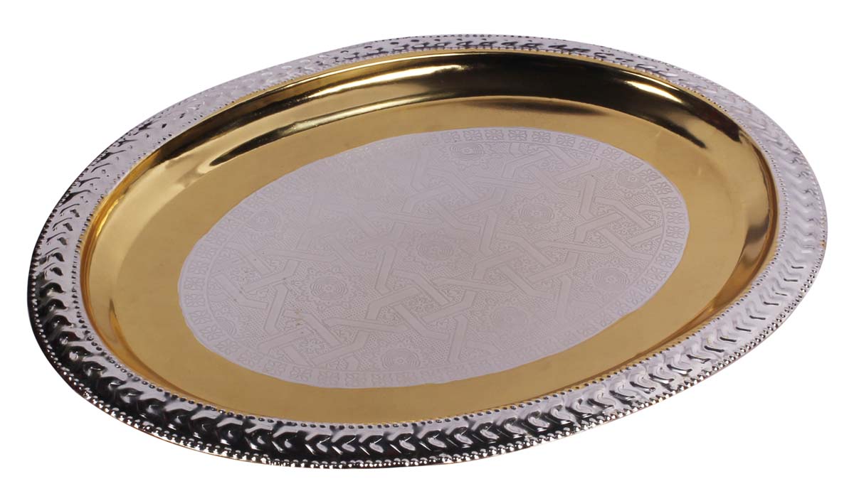 Buy in Bulk Wholesale Decorative Tray - 17.5” Oval Metal Golden Silver Color - Hand-Engraved Serving Tray with Traditional Motifs - Home Decor/Kitchen Essentials